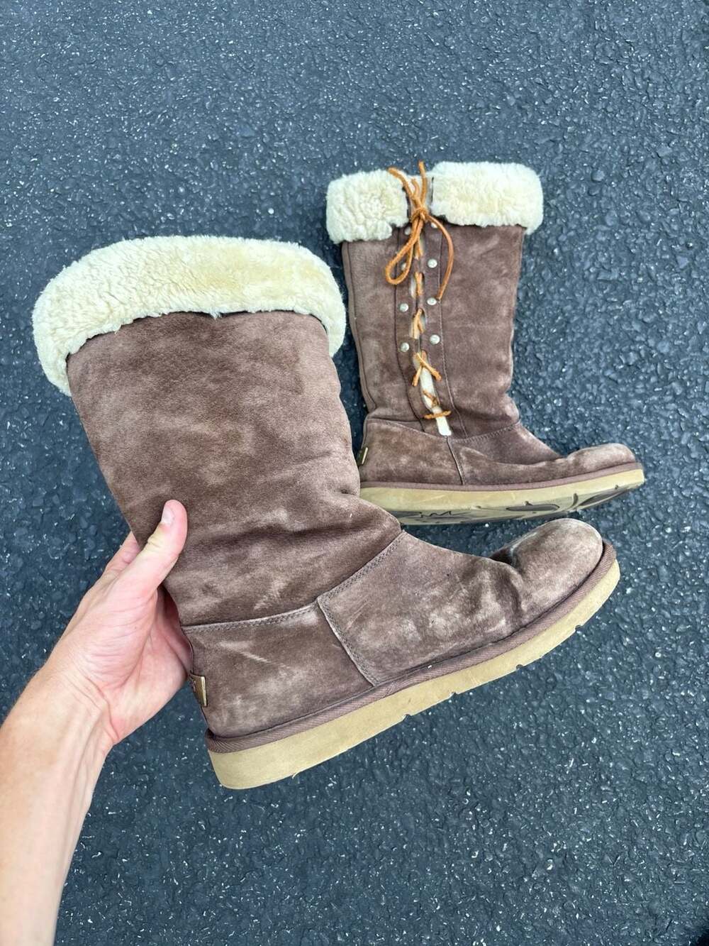UGG Australia Upside 5163 Brown Suede Sheepskin Lace-Up Tall Boots